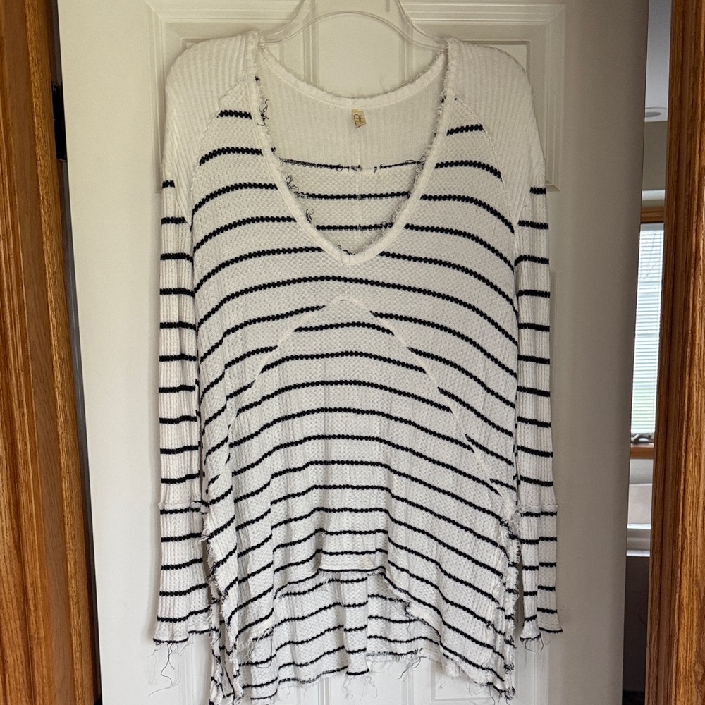 Free People White and Black Striped V-Neck Knit Pullover
